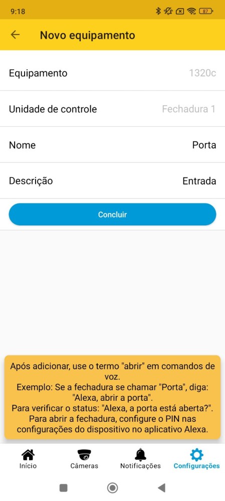Tela para criação do nome do comando de voz
