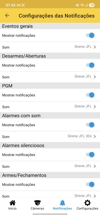 Exemplo da tela de configuração das notificações