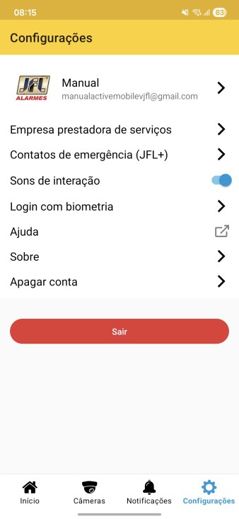 Tela de configurações do aplicativo