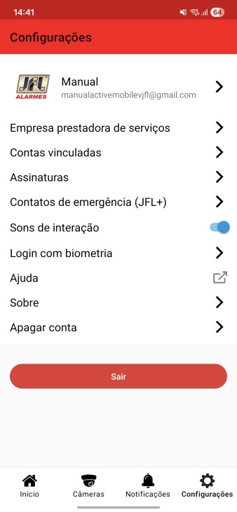 Tela de configurações do aplicativo