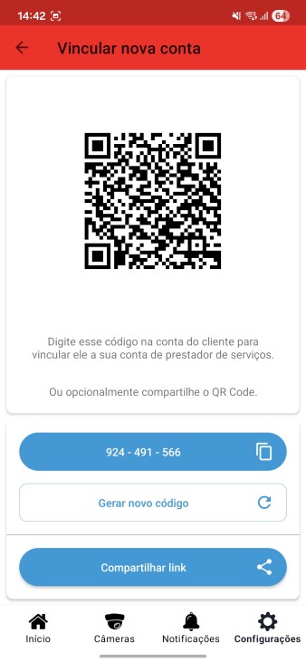 Tela 'Vincular nova conta' com código numérico, QR Code e opção de compartilhamento