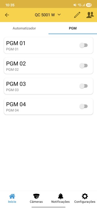 Tela de controle das PGMs no aplicativo