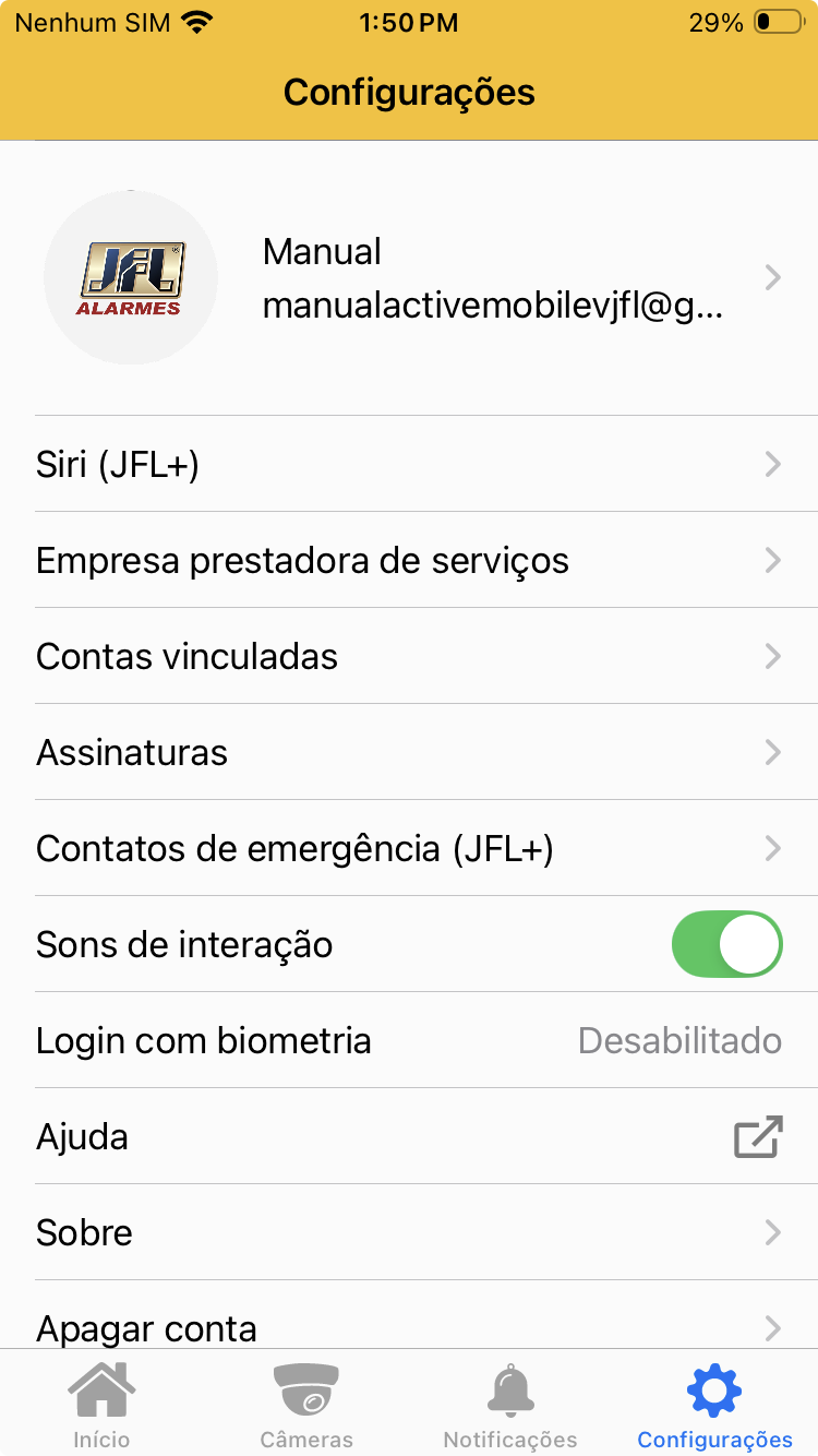Tela de acesso à opção Siri (JFL+) nas configurações do aplicativo