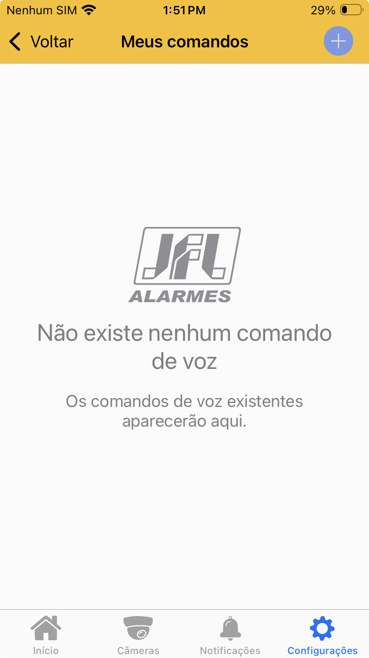 Tela Meus Comandos com botão para adicionar novo comando