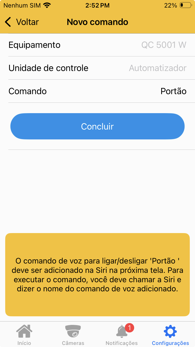 Tela para criação do nome do comando de voz